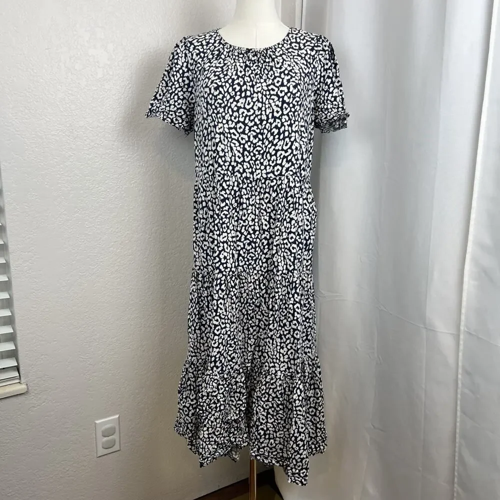 J Crew Midi Dress Womens Medium Blue White Leopard Print Puff Sleeve Tiered Boho